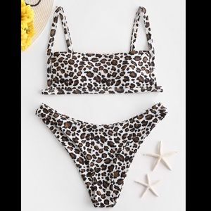 ZAFUL Animal Print Ribbed Bikini Set - Leopard